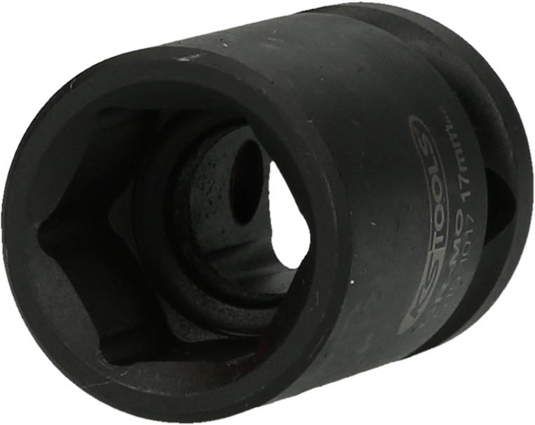 Schwarze Werkzeugbuchse mit Sechskantöffnung und Herstellerlogo an der Seite.