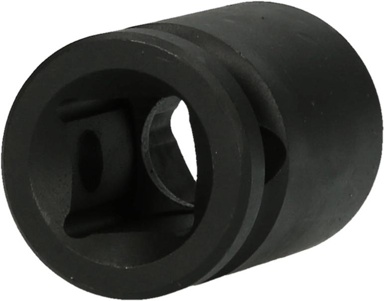 Ein schwarzer, zylindrischer Metalladapter mit einem zentralen Loch, das Licht durchlässt.