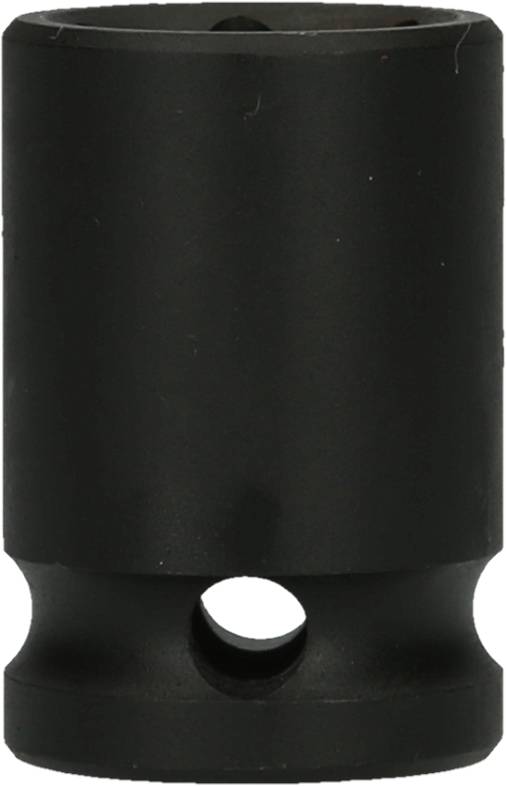 Ein schwarzer Steckschlüsseleinsatz aus Metall, zylindrisch geformt, mit einem Loch an der Seite.