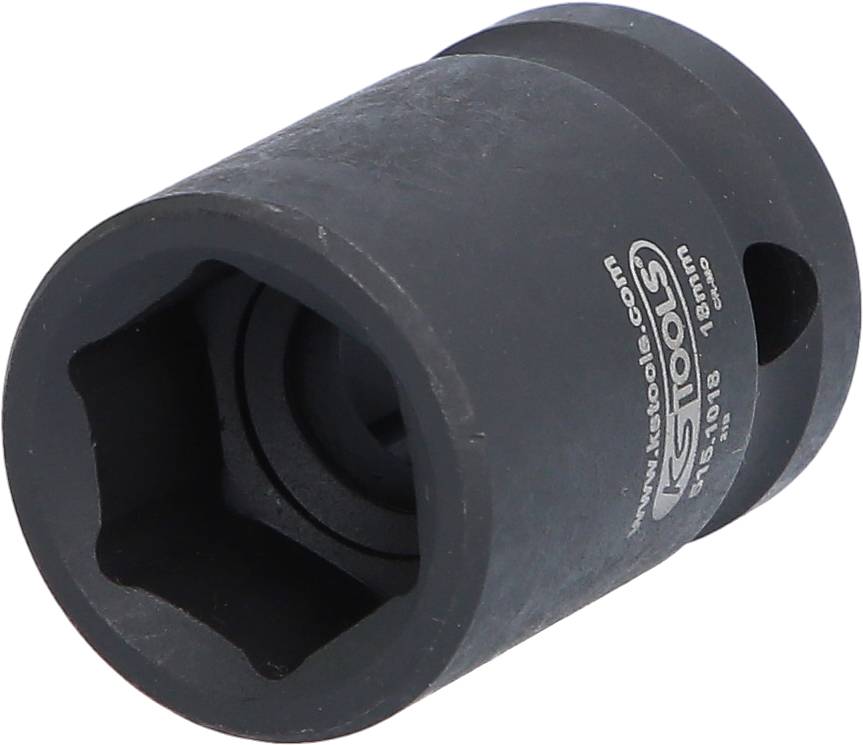 Eine schwarze Sechskant-Stecknuss aus Metall mit Beschriftung 'KS Tools', Durchmesser 18 mm, zum Lösen von Muttern und Schrauben.