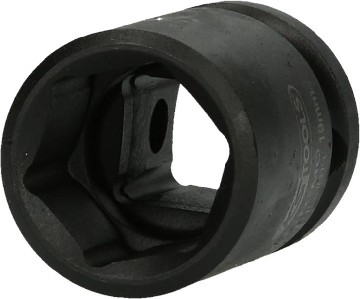 Eine schwarze Stecknuss, vermutlich aus Metall, zylindrisch geformt, mit Innengewinde, dient zum Lösen oder Befestigen von Muttern oder Schrauben.