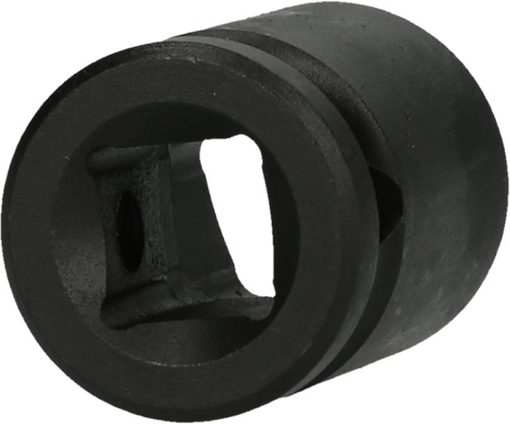 Ein schwarzes, zylindrisches Metallteil mit einem quadratischen Loch in der Mitte. Es ist ein Sockel oder Adapter für Werkzeuge.