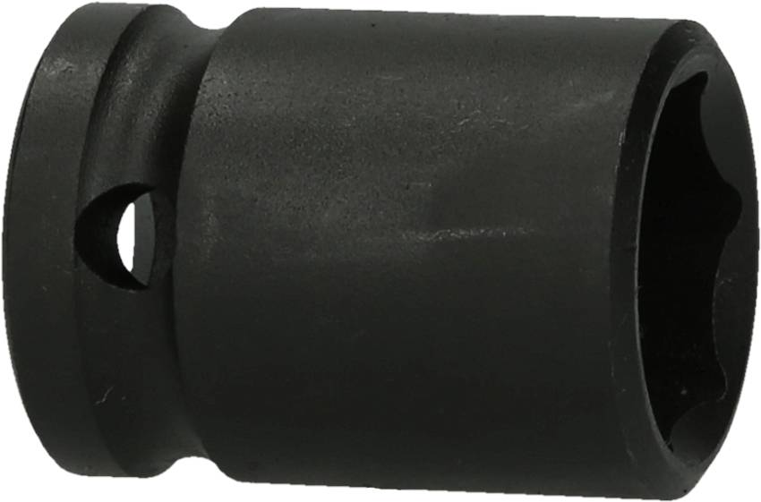 Schwarze Stecknuss mit einer sechseckigen Öffnung. Sie wird zur Befestigung oder Entfernung von Schrauben oder Muttern verwendet.