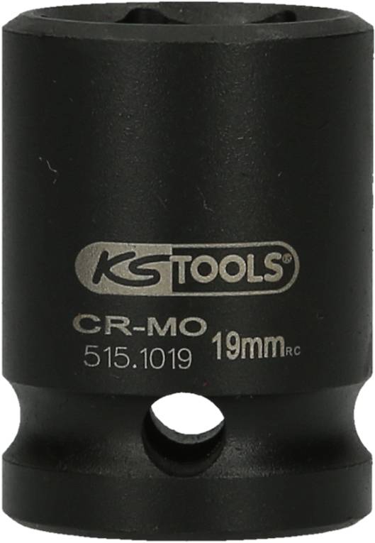 Steckschlüssel von KS TOOLS, aus CR-MO-Stahl, 19 mm Durchmesser, Modellnummer 515.1019, schwarz.