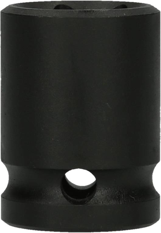 Schwarze Stecknuss mit einem Loch an der Seite, zylindrische Form, meist für mechanische Anwendungen oder Werkzeuge verwendet.