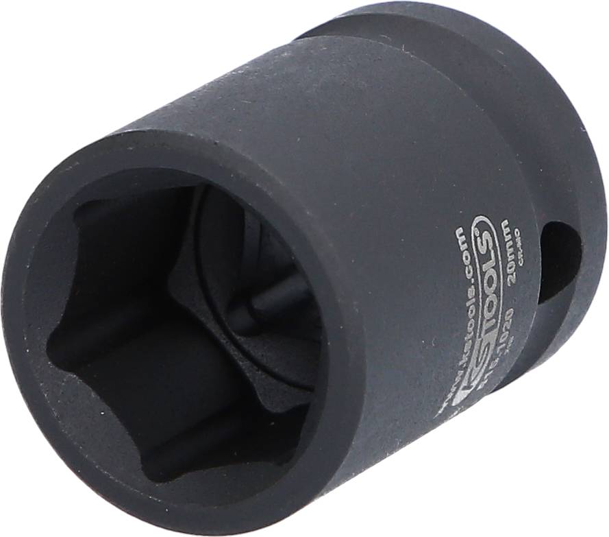 Eine schwarze Stecknuss mit seitlicher Gravur der Größe '20 mm'. Sie ist aus Metall und hat einen sechskantigen Innenraum.