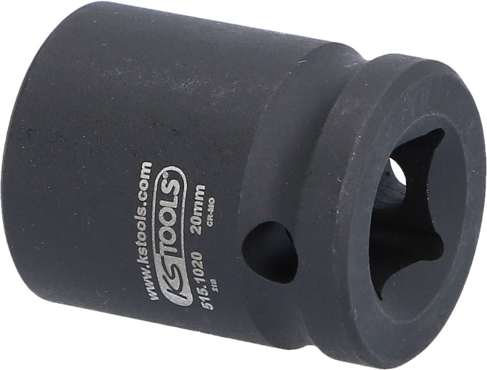 Eine schwarze 20-mm-Stecknuss aus Stahl mit Aufschrift 'KS TOOLS', verwendet für handwerkliche Arbeiten und Befestigungstechnik.