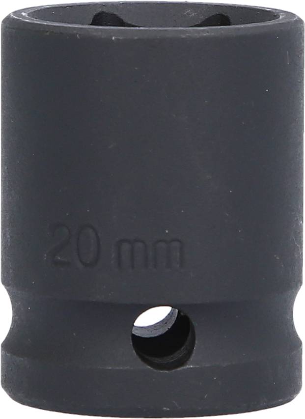 Schwarzer Steckschlüssel, metrische Größe '20 mm', mit runder Form und Bohrung an der Seite zur Befestigung.