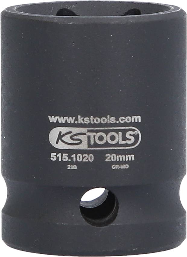 Ein schwarzer Steckschlüsseleinsatz der Marke KS Tools, 20 mm, aus Chrom-Molybdän-Stahl, mit der Artikelnummer 515.1020.