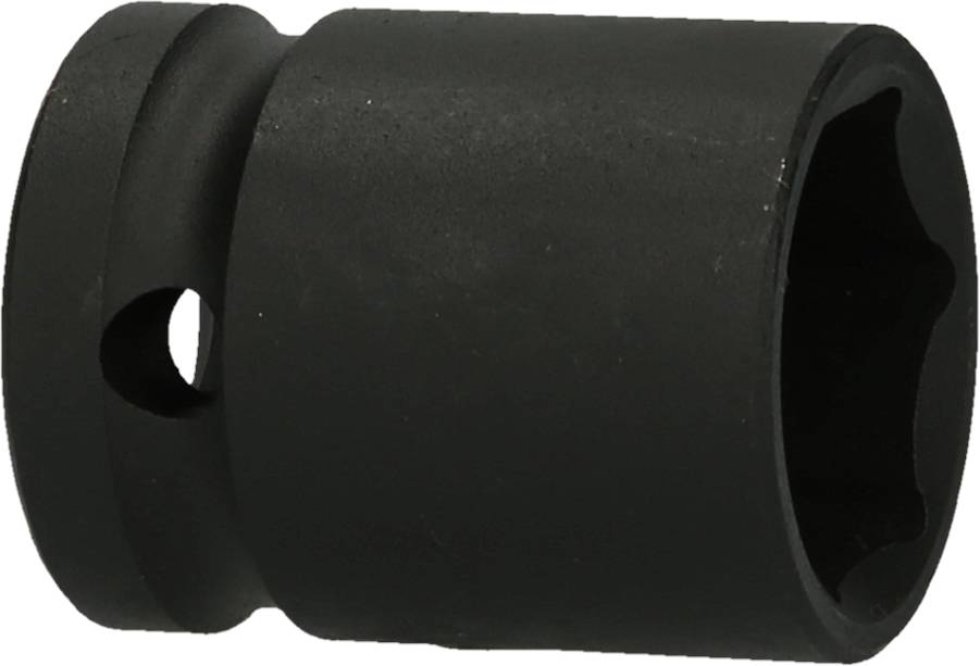 Ein schwarzer Steckschlüsseleinsatz aus Metall mit sechseckiger Öffnung, genutzt für Schraubarbeiten in Kombination mit einem Schraubenschlüssel.