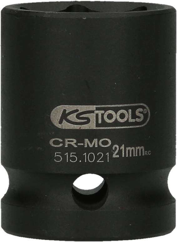 'KS Tools' Stecknuss aus CR-MO-Stahl, Größe 21 mm, Modellnummer 515.1021. Schwarze, zylindrische Form mit Herstellerlogo.