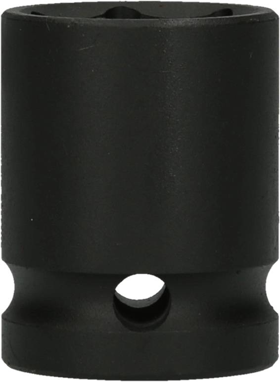 Schwarzes, zylindrisches Metallteil mit seitlichem Loch und runder Öffnung oben, möglicherweise ein mechanisches Werkzeug.