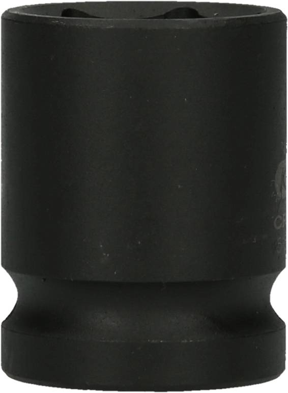 Ein schwarzer, zylindrischer Steckschlüsselaufsatz aus Metall, stehend, mit glatter, leicht glänzender Oberfläche, ohne sichtbare Marken.