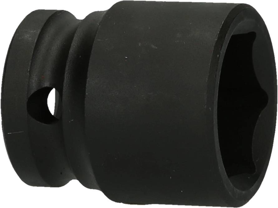 Schwarzer Steckschlüsseleinsatz mit Sechskantprofil, glatt und robust. Eignet sich für die Verwendung mit einem Schlagschrauber.