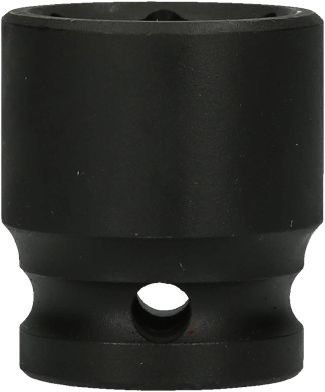 Ein schwarzer zylindrischer Metallaufsatz mit einer seitlichen Öffnung in der Mitte und einer abgeschrägten Oberkante.