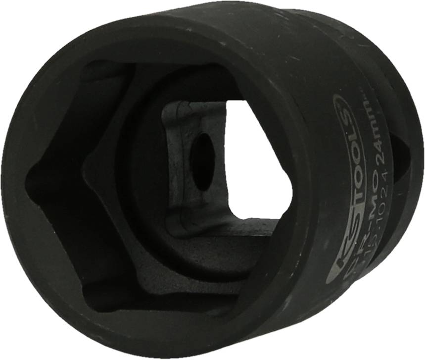 Eine schwarze Stecknuss mit einem sechseckigen Innenprofil und einem quadratischen Antrieb. Geeignet für Schraubverbindungen.