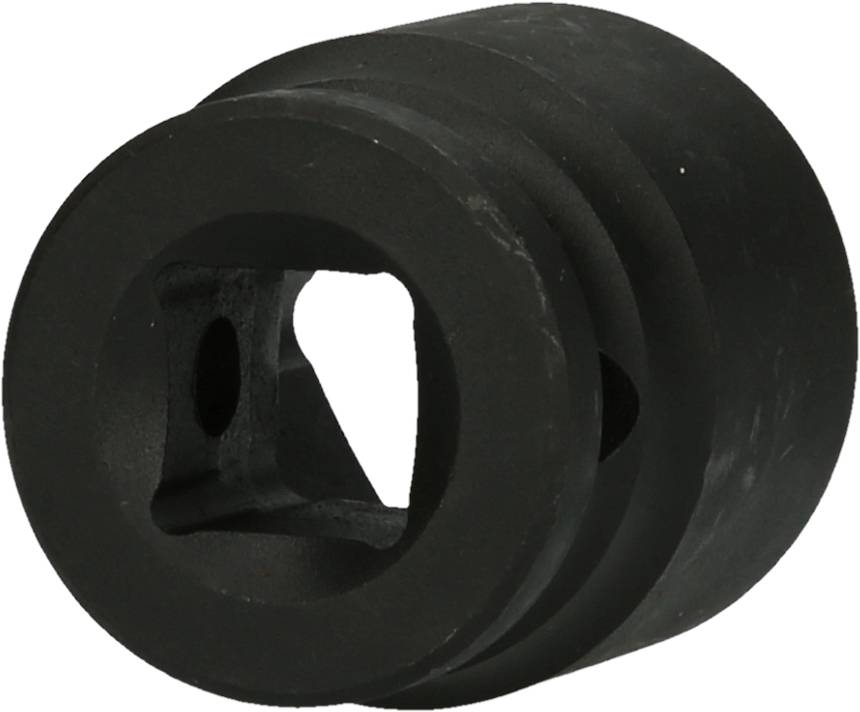 Ein schwarzes, zylindrisches Metallteil mit quadratischer Aussparung. Möglicherweise ein Maschinenelement oder Werkzeugteil.