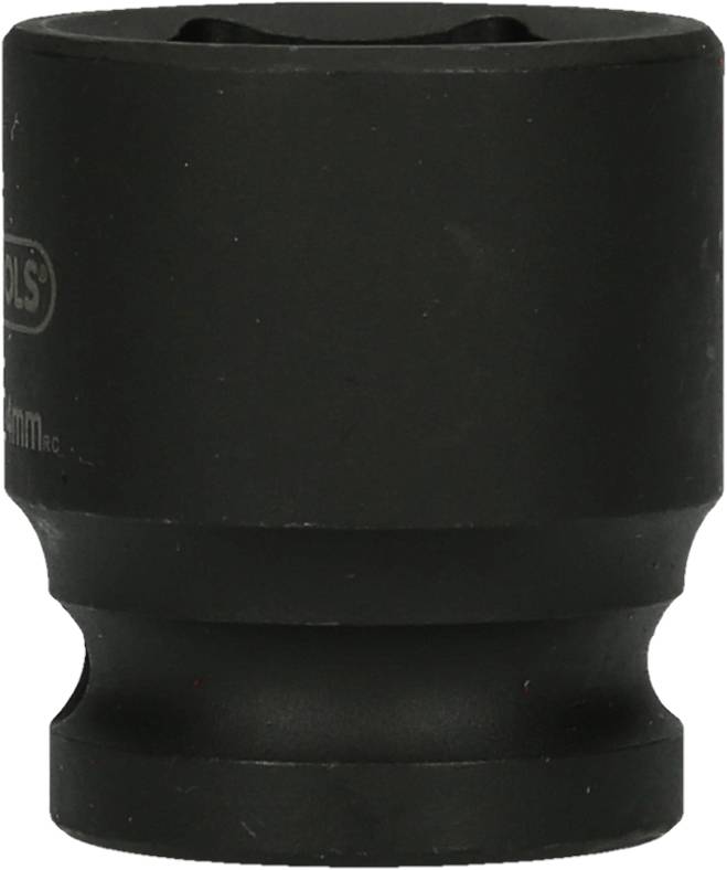 Eine schwarze Sechskant-Nuss aus Metall, zylindrische Form, genutzt für Schraubarbeiten.