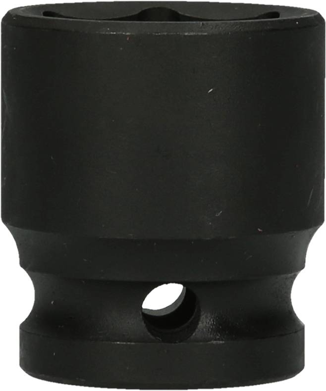 Eine schwarze Schraubnuss mit rundem Loch an der Seite, vor weißem Hintergrund.