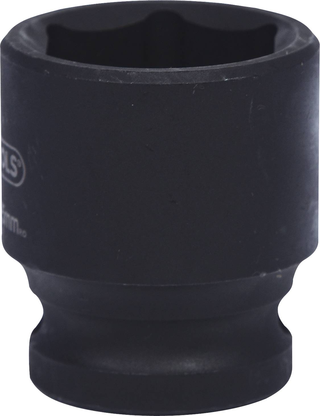 Schwarzer Steckschlüsselaufsatz aus Metall, zylindrische Form mit sechskantiger Öffnung oben. Verwendet zum Festziehen von Schrauben.