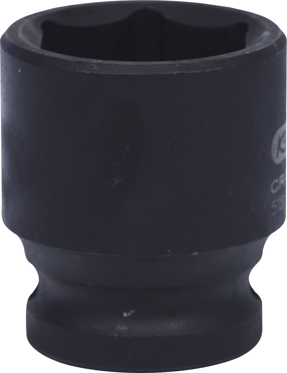 Eine schwarze Stecknuss, vermutlich aus Metall, mit einer sechseckigen Öffnung, geeignet für den Einsatz mit einem Steckschlüssel.