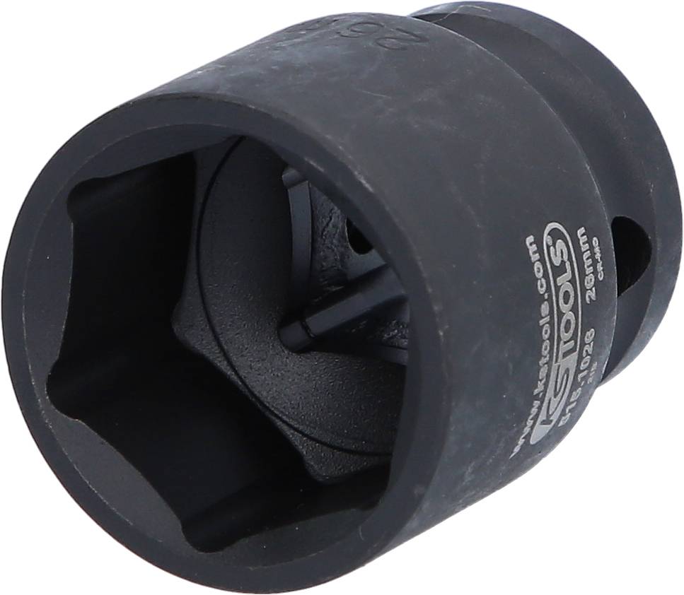 Eine schwarze sechskantige Stecknuss für Ratschenwerkzeuge, mit eingeprägten Markierungen, zeigt die Größe und Marke an der Seite.