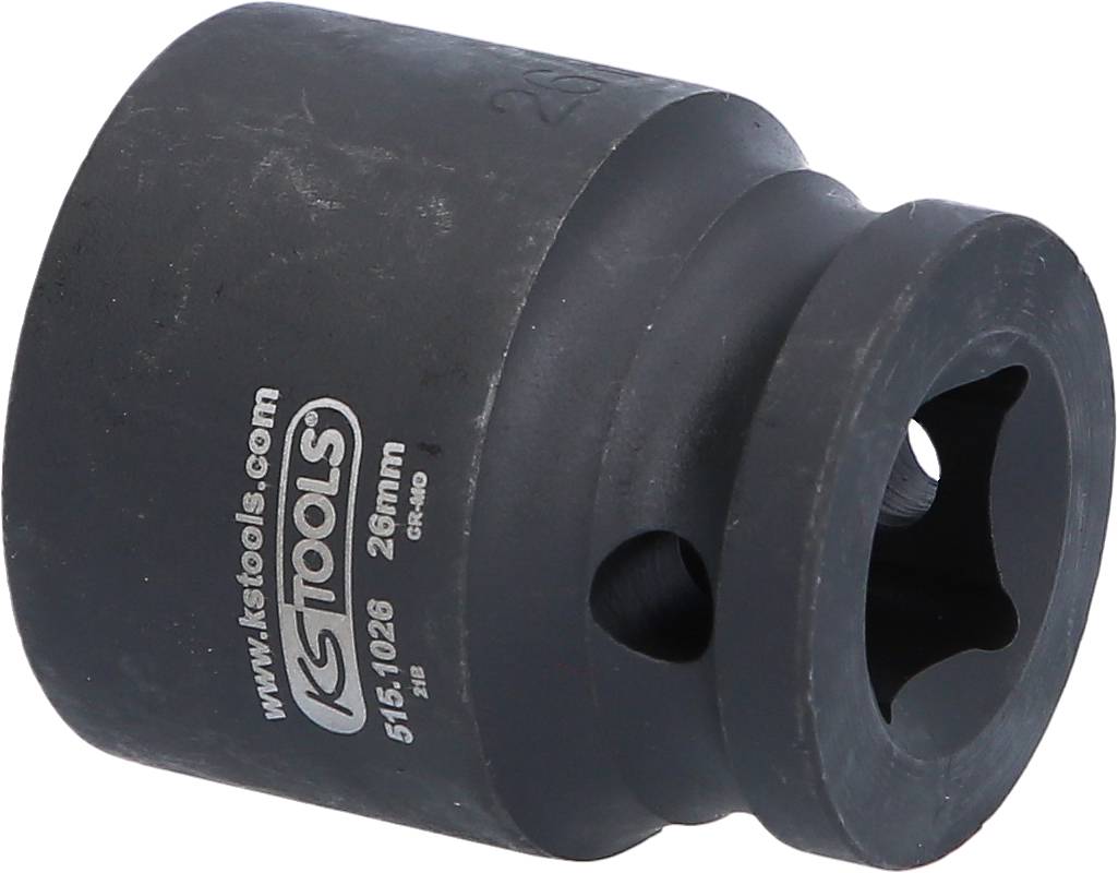 Schwarze Stecknuss, 28 mm, mit sechskantigem Innenprofil und Schriftzug 'KSTOOLS' zur Befestigung auf Werkzeugen.