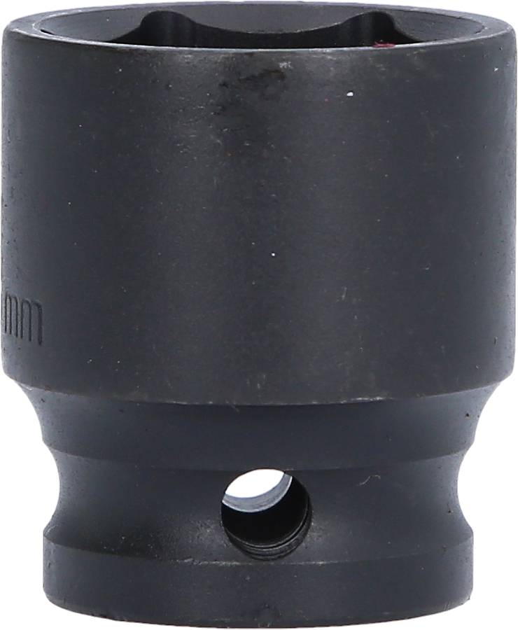 Eine schwarze Steckschlüssel-Nuss, geeignet für Schraubarbeiten, mit einem Loch für die Aufnahme auf einen Steckschlüsselhalter.