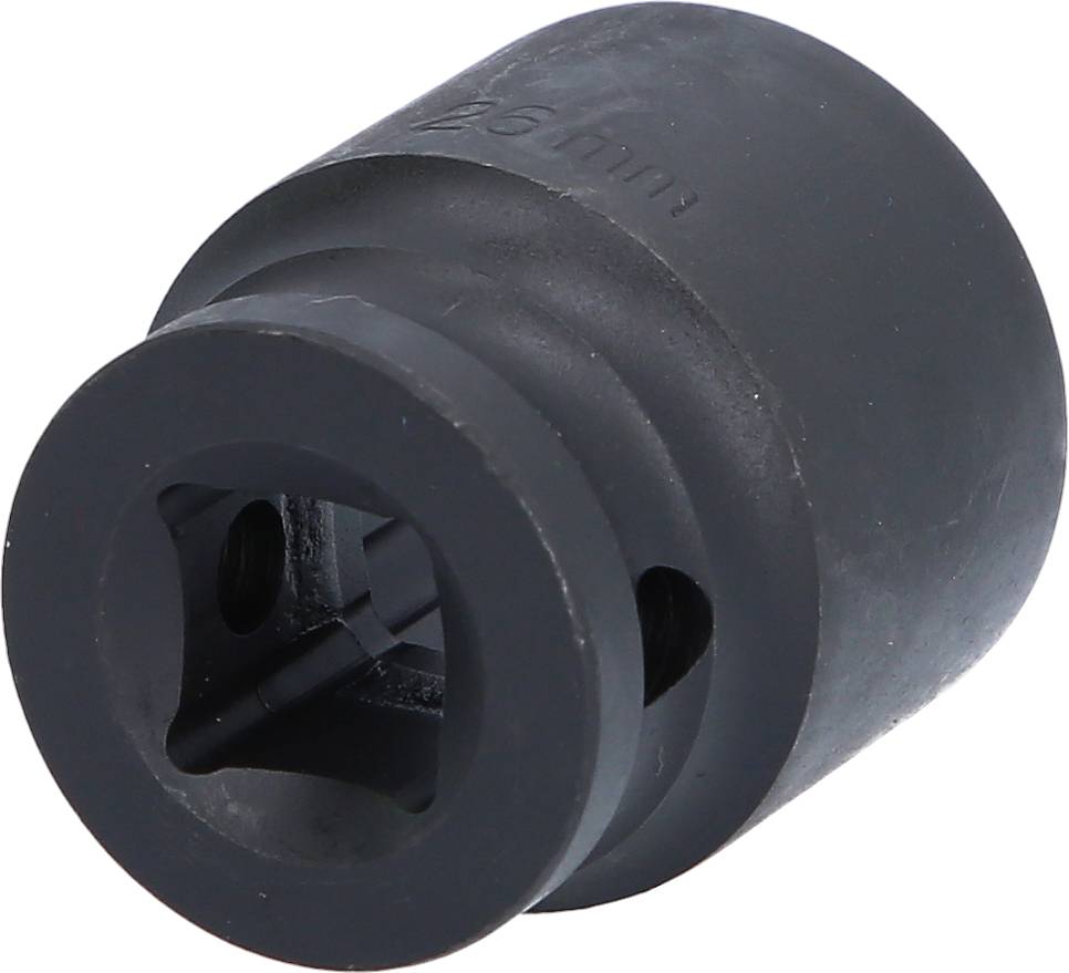 Ein schwarzes, zylindrisches Werkzeug mit quadratischer Öffnung, wahrscheinlich eine Nuss oder ein Adapter für mechanische Anwendungen.