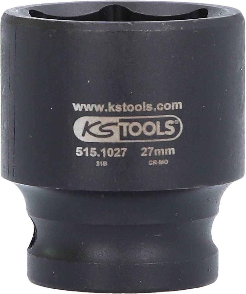 Ein schwarzer Steckschlüssel mit der Aufschrift 'www.kstools.com, KS Tools, 515.1027, 27 mm, CR-MO'.