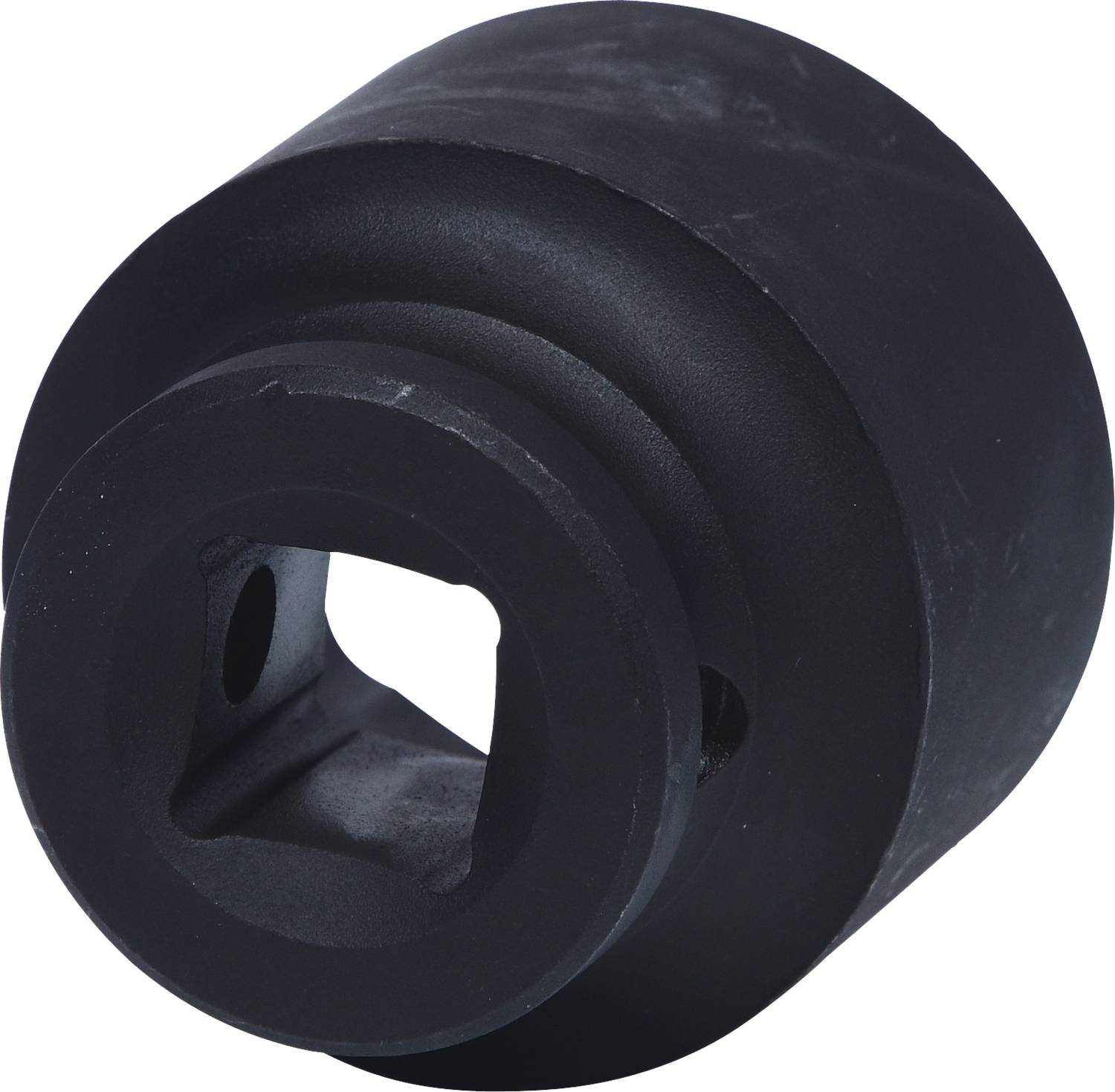 Schwarzer Schraubensicherheitskopf mit zylindrischer Form; quadratisches Loch an der Seite, verwendet zur Diebstahlsicherung von Schrauben.