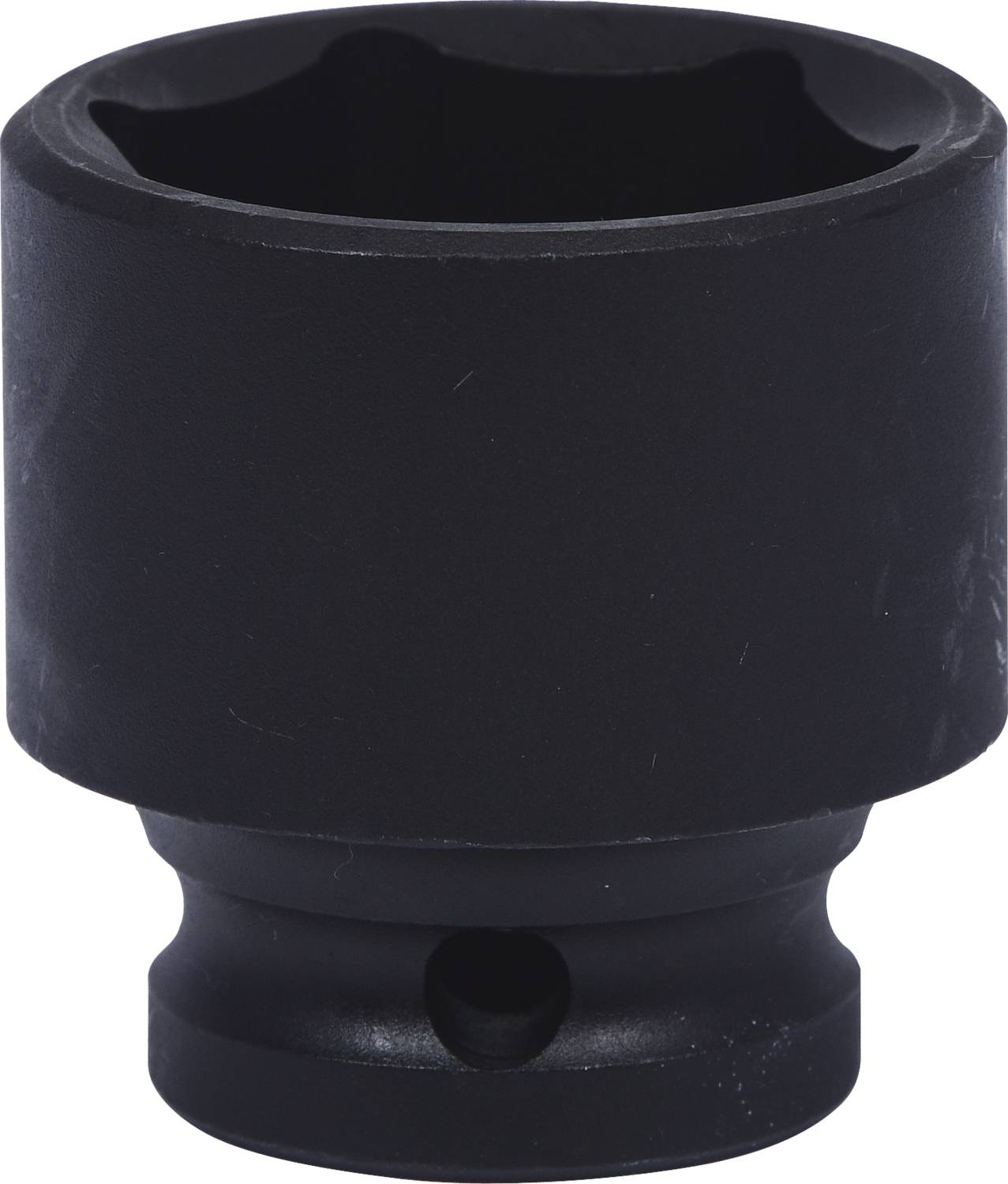 Schwarze Stecknuss mit rundem Profil für Werkzeuge, in seitlicher Ansicht. Hauptsächlich verwendet für die Montage oder Demontage von Schrauben und Muttern.