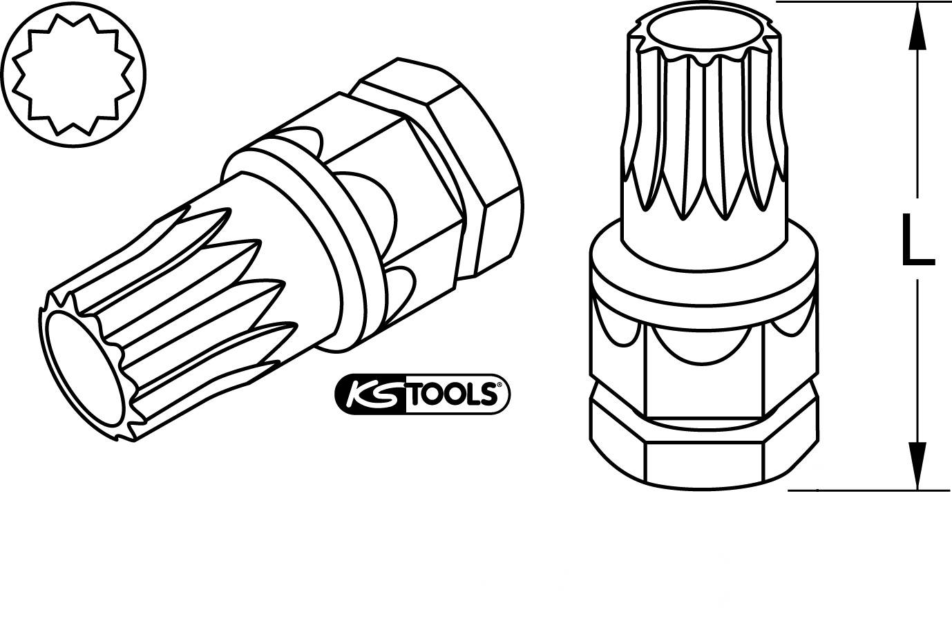 Zeichnung eines Spezialwerkzeugs mit Rillenmuster und Firmenlogo; zeigt Seiten- und Oberansicht mit Längenmaßangabe 'L'.