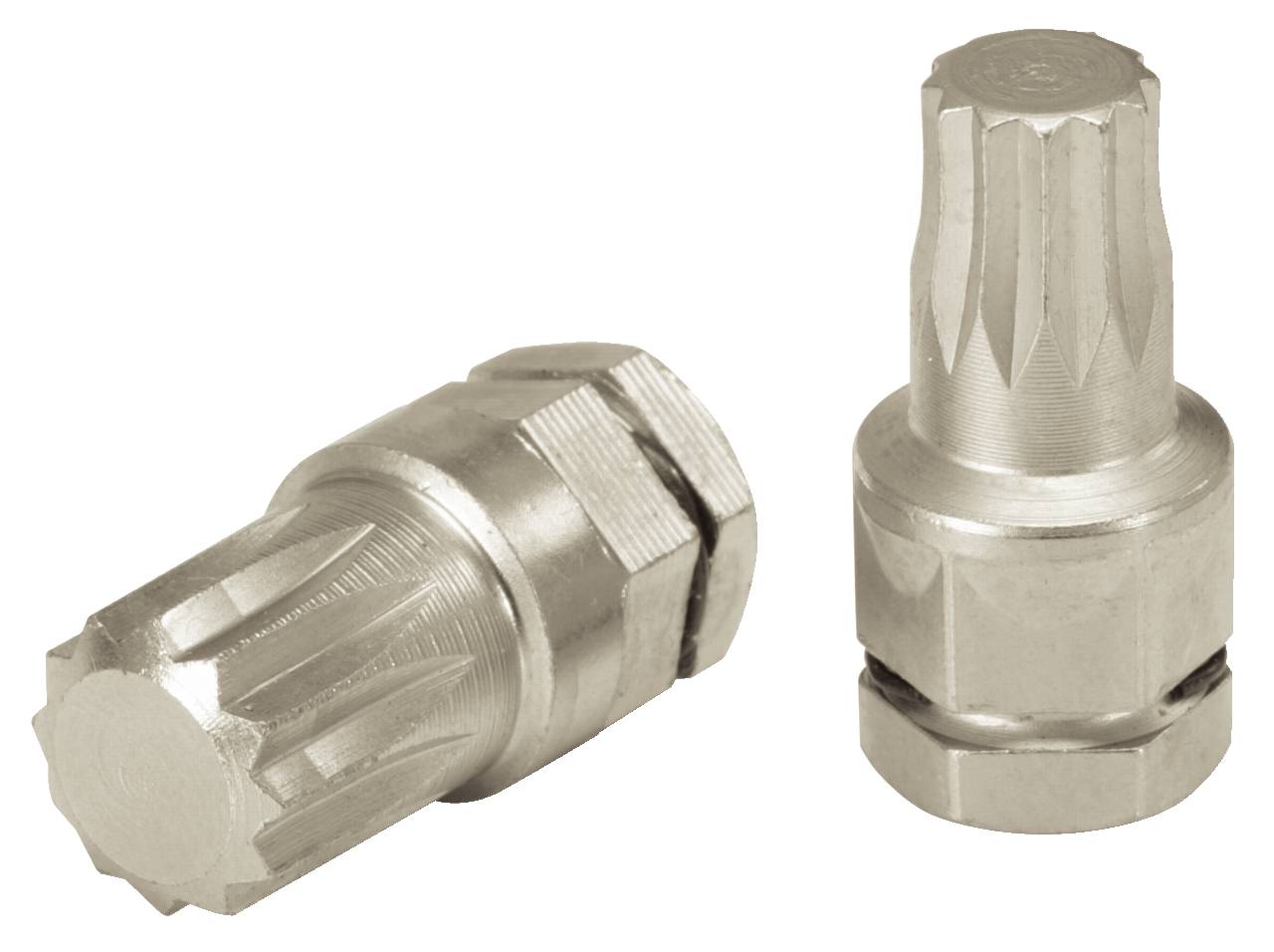 Zwei silberne Metallstücke mit gezackten Enden. Sie haben eine zylindrische Form und scheinen technische Komponenten zu sein.