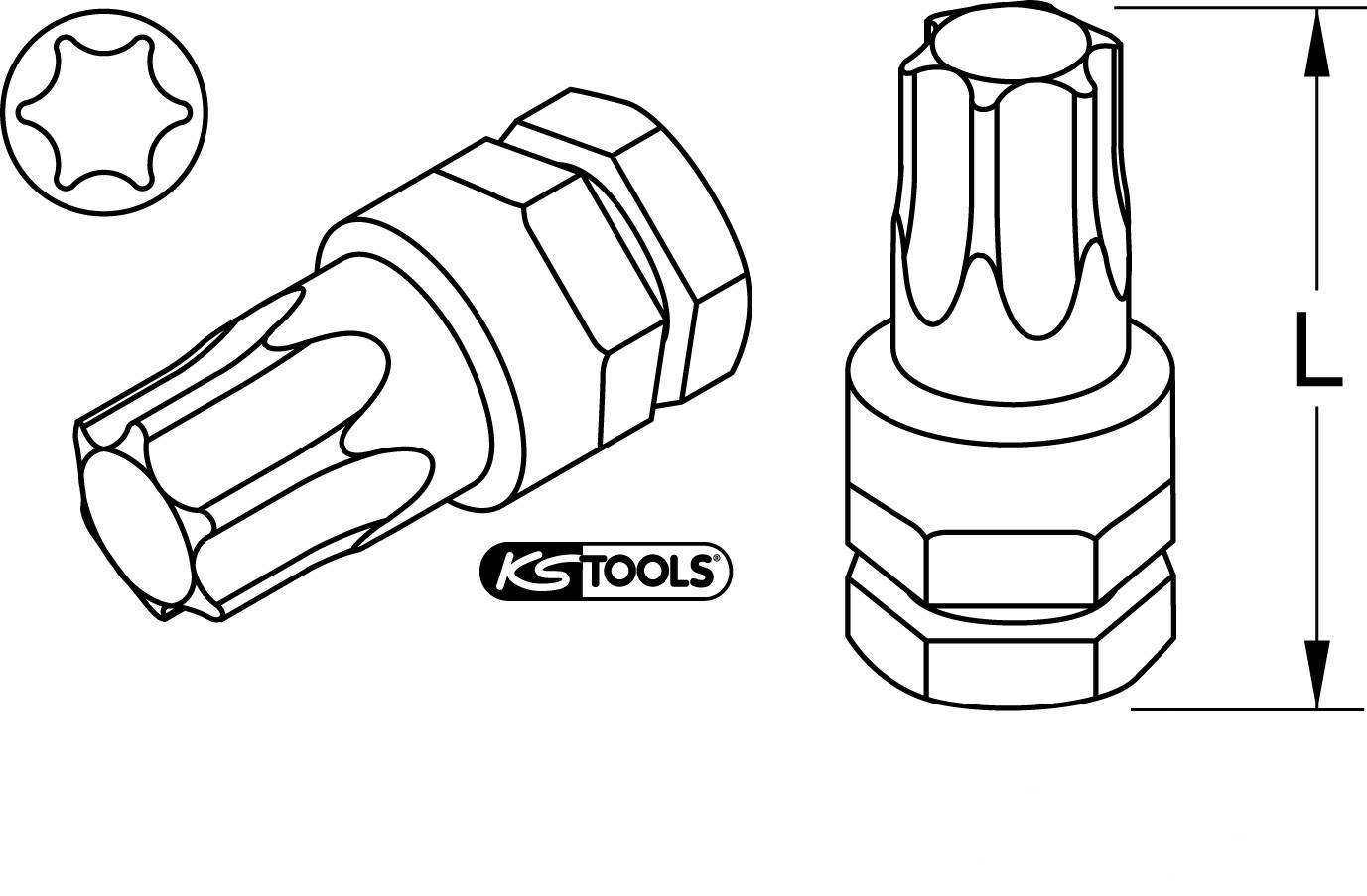 'KS TOOLS Vielzahn-Profil', Abbildung eines spezialisierten Schraubendrehereinsatzes mit sechszahligem Kopf. Markenlogo unten links.