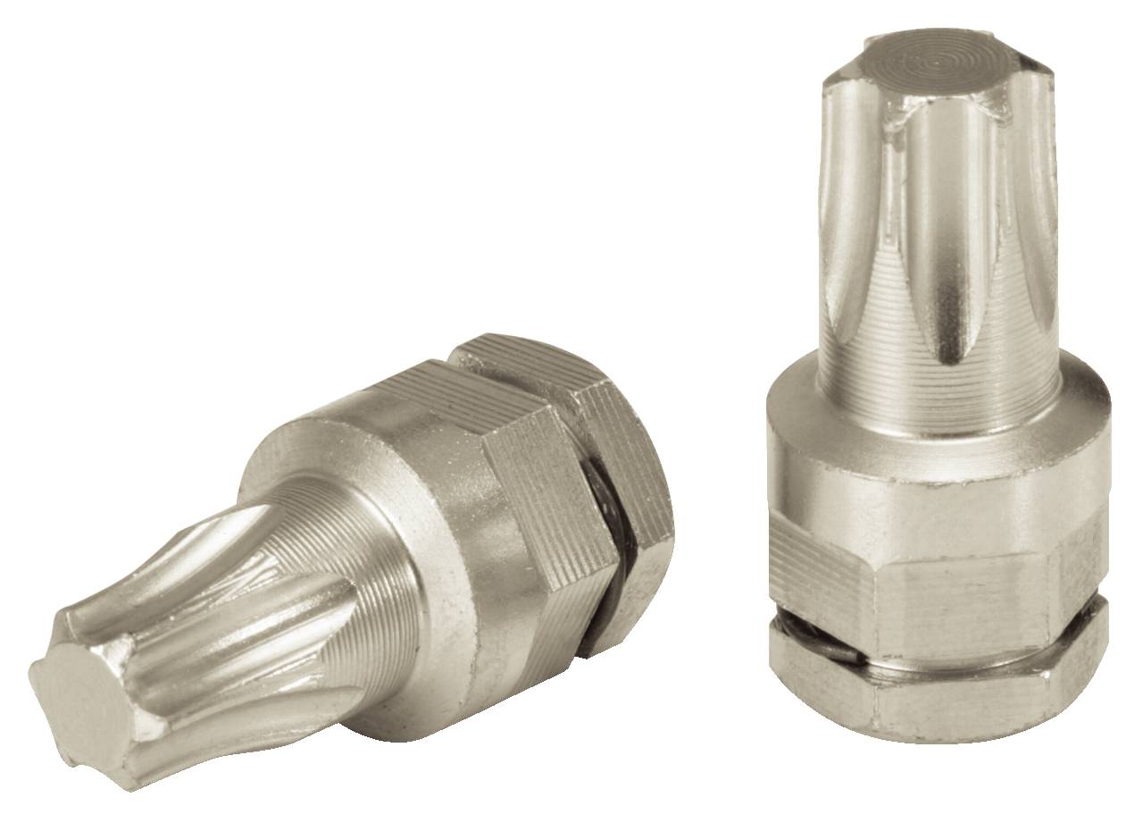 Zwei Metallventile mit geriffelter Oberfläche und sechseckiger Basis, liegend auf einer weißen Oberfläche.