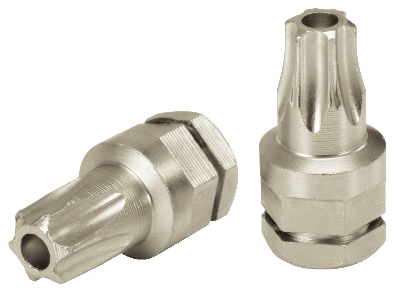 Zwei silberne Metallteile mit gerillter, zylindrischer Form und sechseckigen Muttern an der Basis, aufrecht und liegend dargestellt.