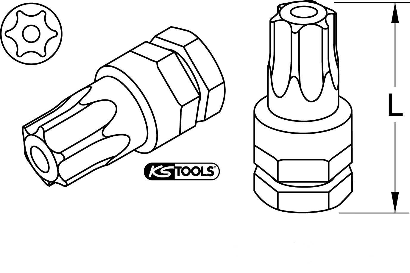 Abbildung eines Vielzahnnusswerkzeugs von KS Tools. Enthält eine Seitenansicht und eine Draufsicht mit Maßangabe 'L'.