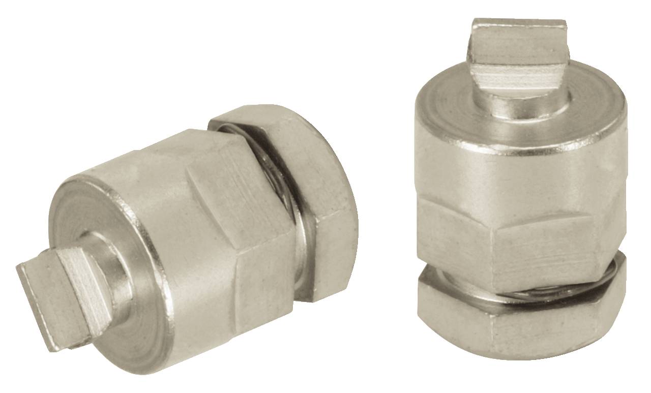 Zwei metallene Anschlagbolzen mit sechseckigen Kappen, die zur Verriegelung oder Begrenzung von Bewegungen in Maschinen verwendet werden.