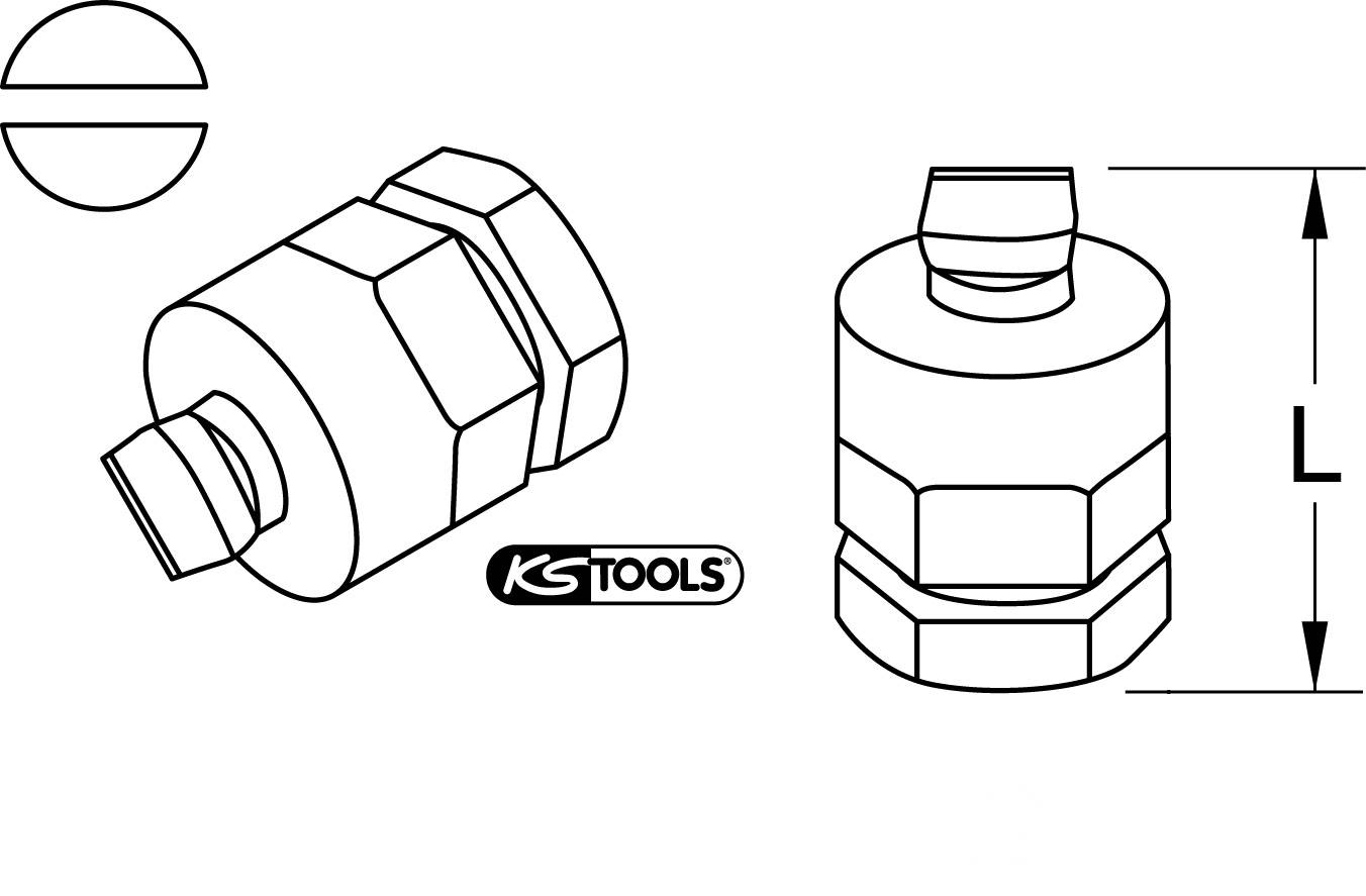 Technische Zeichnung eines Schlüssels mit Abmessungen und Logo. Zeigt Form, Größe und technische Details für die Werkzeuganwendung.