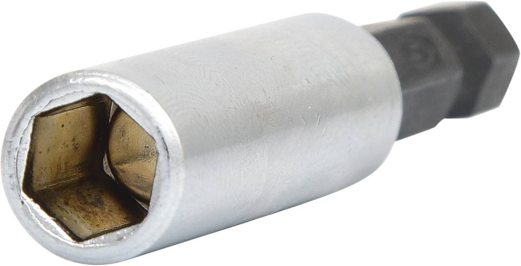 Ein metallischer Steckschlüsselaufsatz mit sechseckigem Kopf, geeignet zum Festziehen oder Lösen von Schrauben oder Muttern.