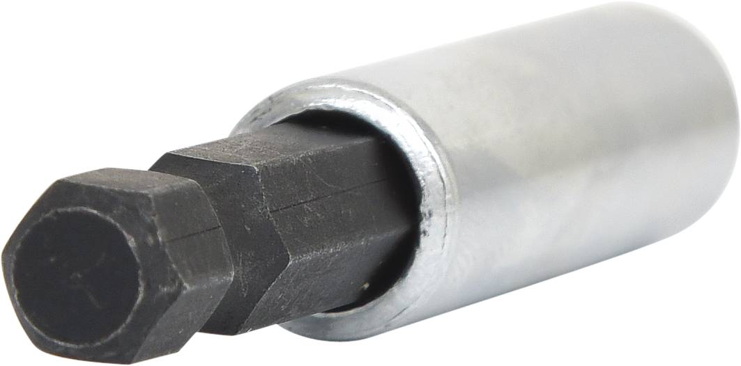 Ein silberner Steckschlüsseleinsatz mit schwarzer Innensechskantaufnahme, zur Verwendung mit passenden Schrauben.