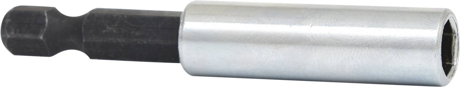 Ein sechskantiger Bithalter aus Metall für Schraubendreher oder Akkuschrauber, mit einem silbernen zylindrischen Gehäuse.