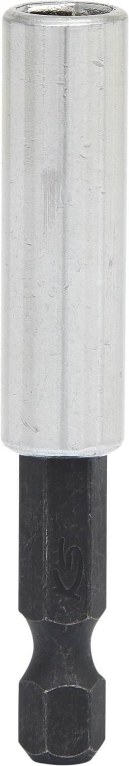 Metallischer Bithalter mit zylindrischem Design. Oberer Teil silbern, unterer Teil dunkel. Gedacht zur Aufnahme von Schraub- oder Bohrbits.