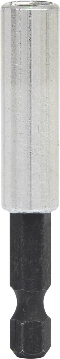 Ein Bit-Adapter mit einem silbernen zylindrischen Griff und einem schwarzen sechskantförmigen Schaft für Werkzeuge.