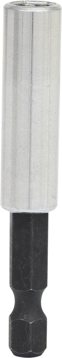 Bohrer-Bit-Adapter aus Metall, silberner zylindrischer Teil oben, schwarzer sechseckiger Schaft unten.