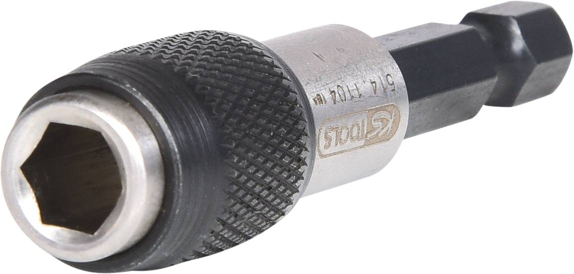 Nahaufnahme eines magnetischen Bithalters aus Metall mit gerändeltem Griff, verwendet zum sicheren Halten von Bits in einem Bohrer.