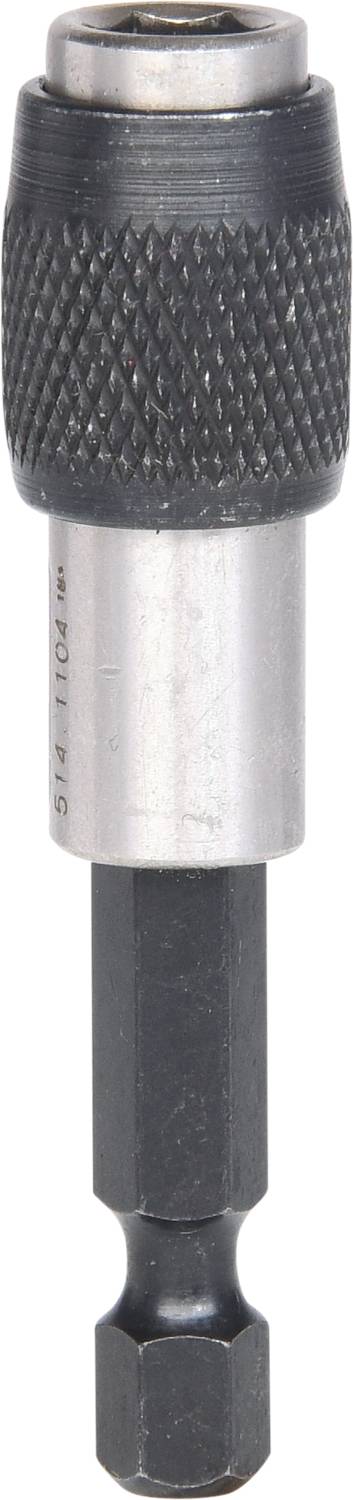 Ein silbernes und schwarzes Bohrfutter mit Sechskantaufnahme, geeignet zur Befestigung von Schrauberbits.