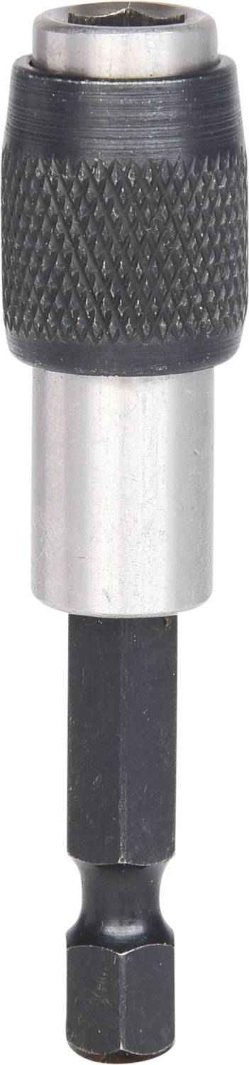 Ein magnetischer Bit-Halter aus Metall mit genoppter Oberfläche für rutschfeste Griffigkeit und sechseckigem Schaft.