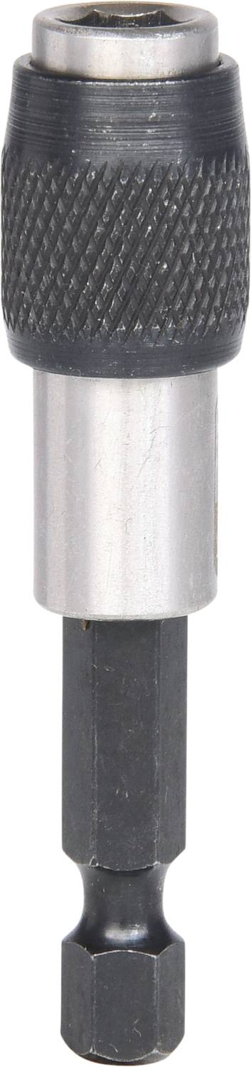 Metallischer Bit-Adapter mit gerändeltem Griff. Hauptsächlich verwendet zum Halten und Wechseln von Schrauberbits bei Bau- und Reparaturarbeiten.